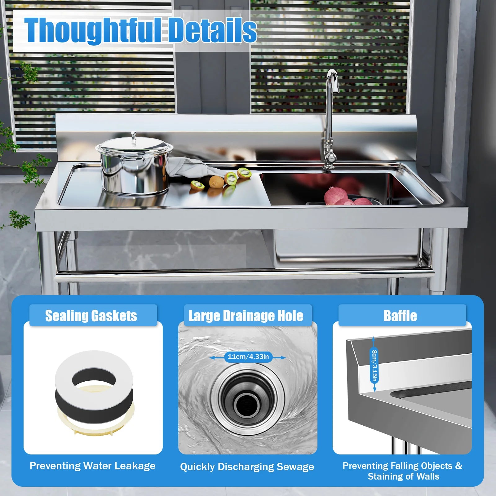 Commercial Stainless Steel Square Kitchen Sink with Faucet