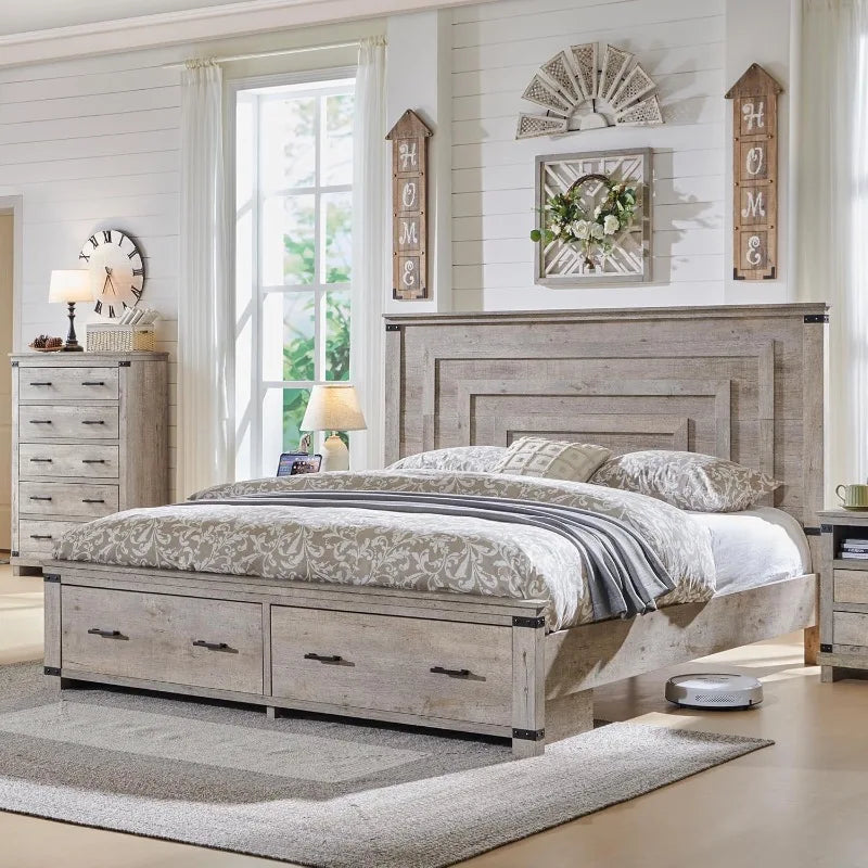 Queen Bed Frame with Storage - Farmhouse Style