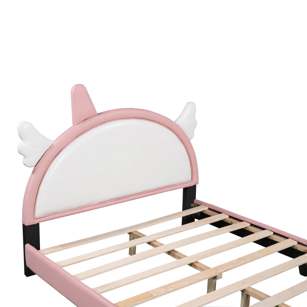 Modern Pink Velvet Platform Bed with Unicorn-Shaped Headboard and Storage Space