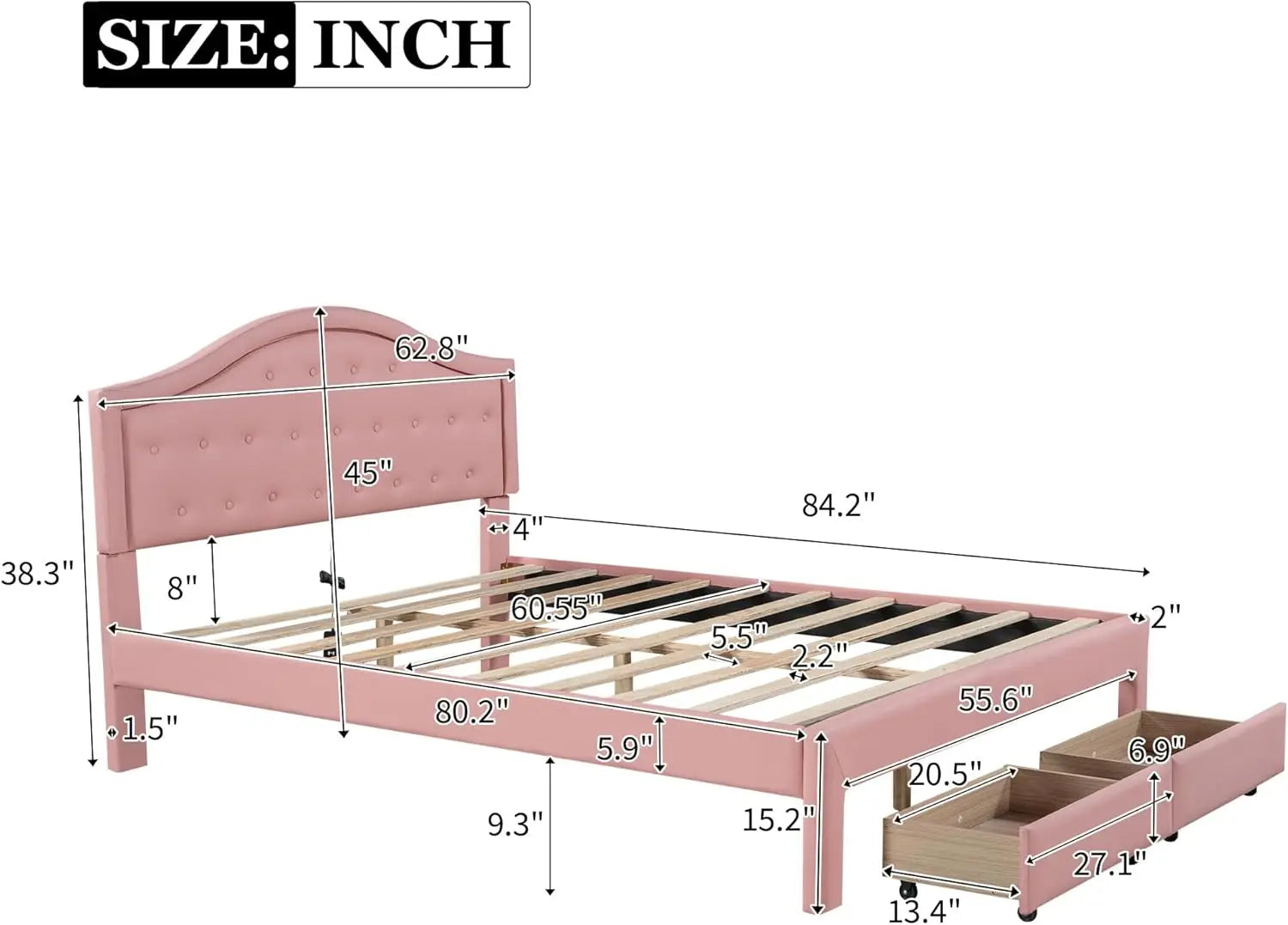 Modern Leather Bed with Tufted Headboard and LED Lighting