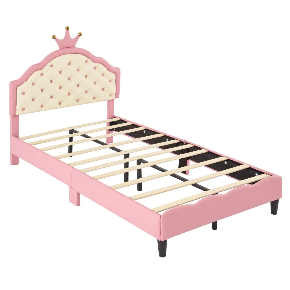 Dreamy Crown-Shaped Twin Bed with Velvet Upholstery - Pink