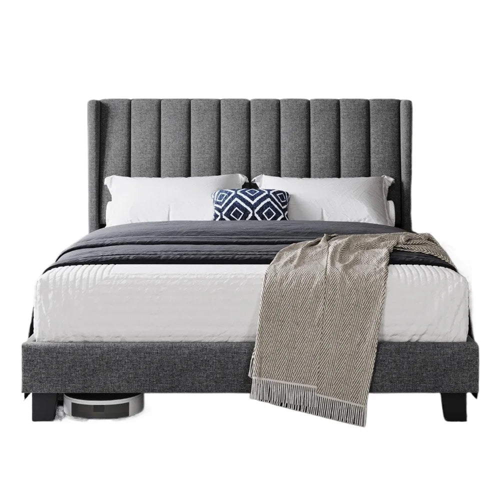 Queen Upholstered Platform Bed with Wing Design