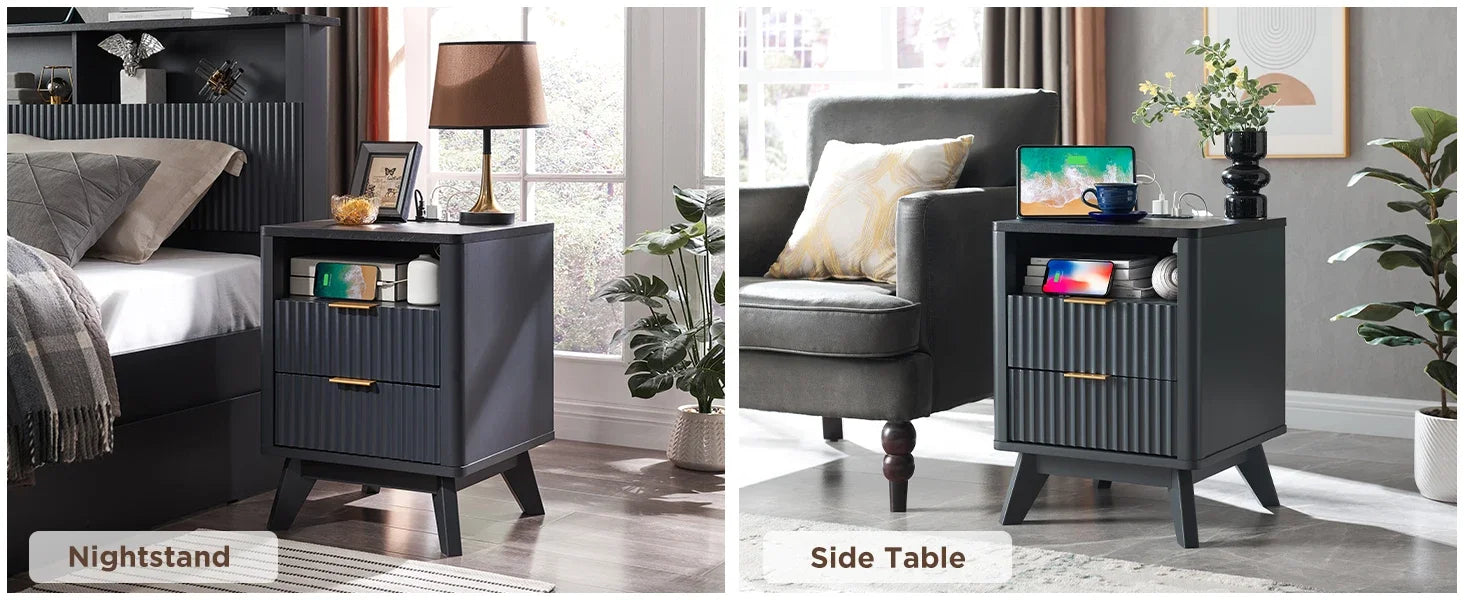 Modern Nightstand with Faux Marble Top, Fluted Design, and Charging Station