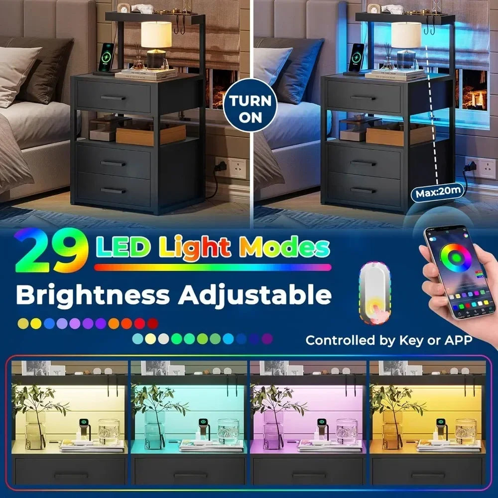 Modern Nightstand with RGB LED Lights and Charging Station (2-Pack)