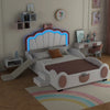 Full Size Seashell-Shaped Upholstered Bed Frame with LED Lights and Children's Slide - Pink & White