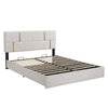 Modern Beige Velvet Platform Bed with Gold Accents and Hydraulic Storage Ottoman