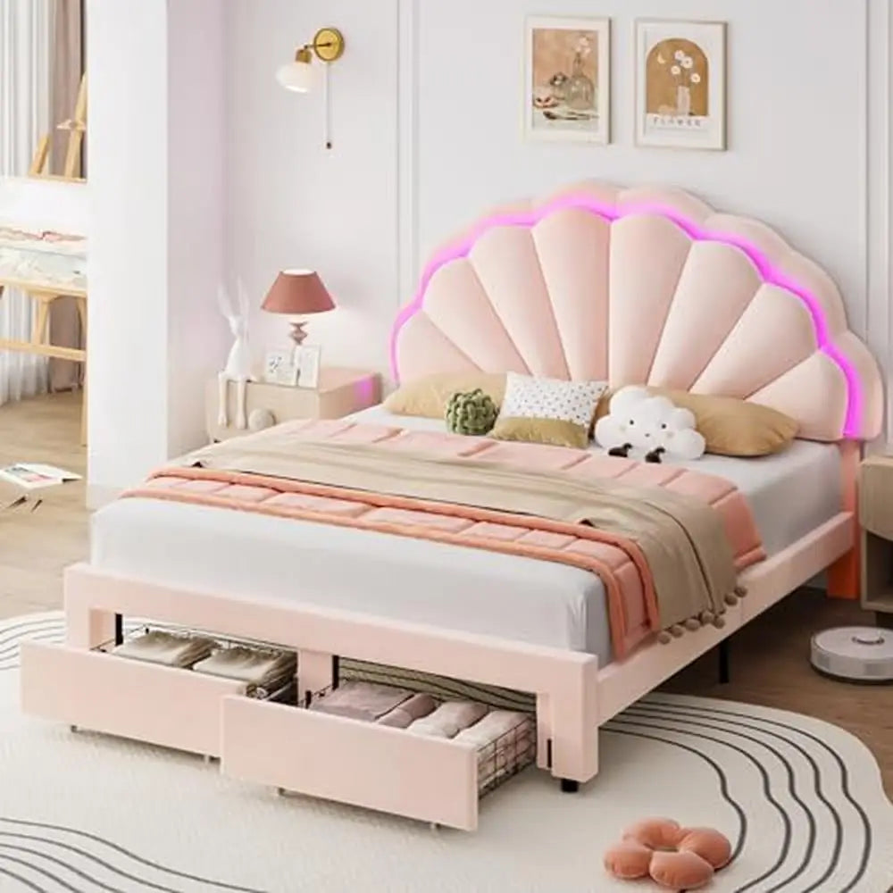 LED Smart Round Bed with Adjustable Headboard and Storage Drawers