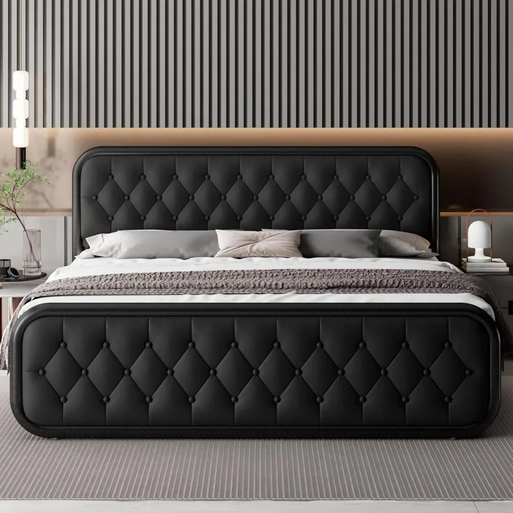 Classic Faux Leather Bed Frame with High-Density Foam Padding