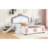 Full Size Seashell-Shaped Upholstered Bed Frame with LED Lights and Children's Slide - Pink & White