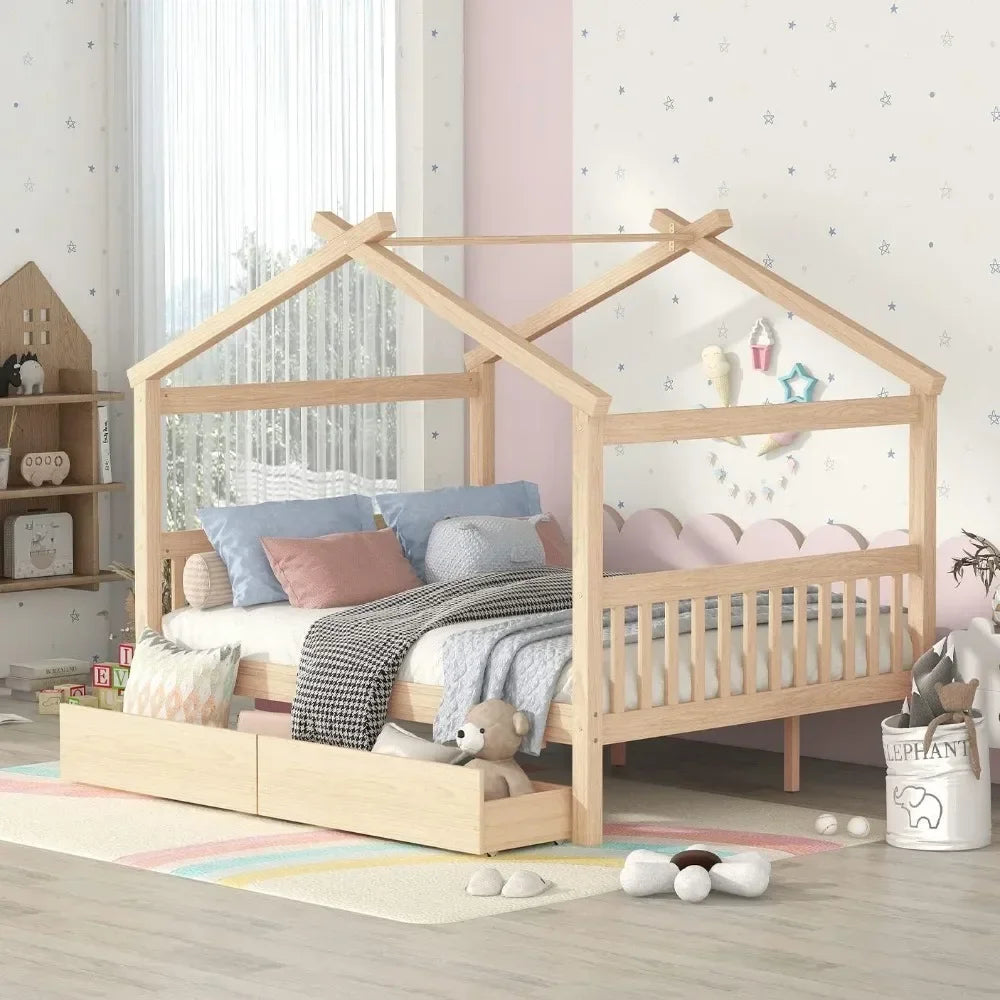 Full Size House Bed with Twin Trundleed for Girls & Boys (Full, Natural)