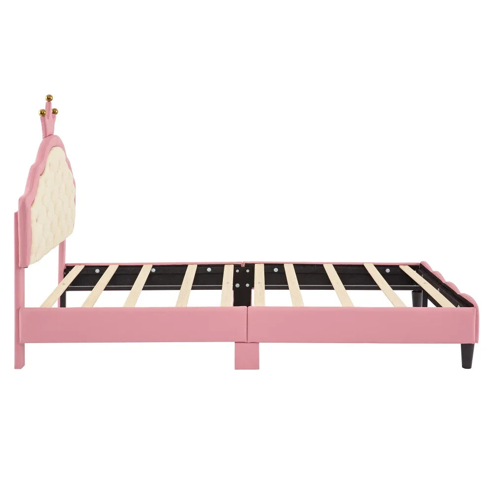 Dreamy Crown-Shaped Twin Bed with Velvet Upholstery - Pink