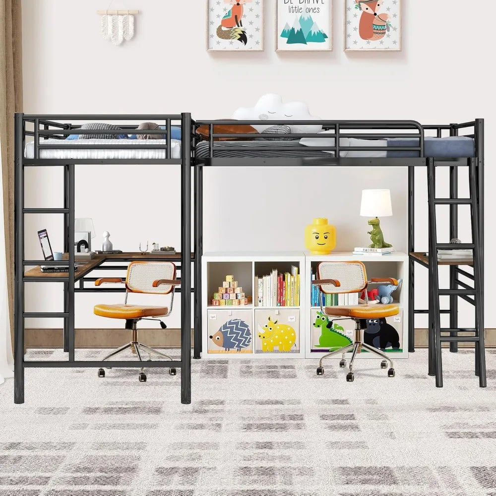 Maximize Space and Functionality: L-Shaped Metal Loft Bed with Built-in Desks for Two