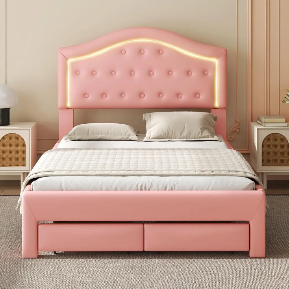 Modern Leather Bed with Tufted Headboard and LED Lighting