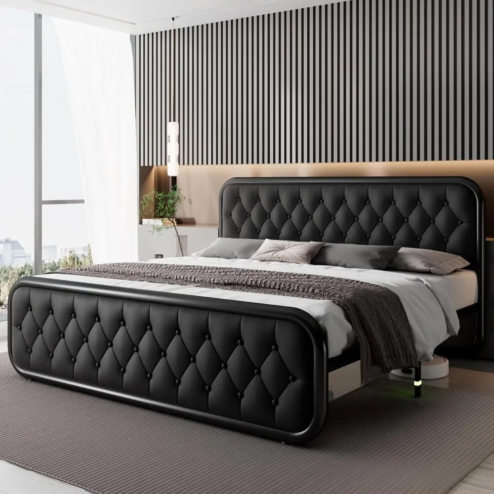 Classic Faux Leather Bed Frame with High-Density Foam Padding