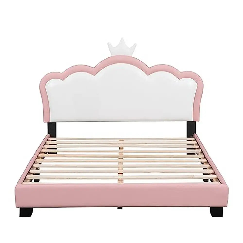 Full Size Crown-Shaped Upholstered Day Bed with Faux Leather Finish - Pink