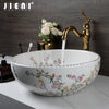 JIENI Bathroom Sinks Set Flower and Bird Painting Circular Ceramics Basin Deck Mount Washbasin W/ Stream Water Faucet Mixer Taps