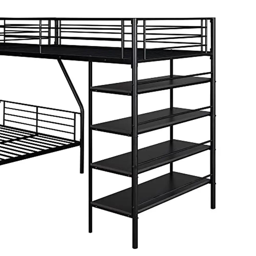 Space-Saving Triple Bunk Bed with Storage Shelves and L-Shaped Design