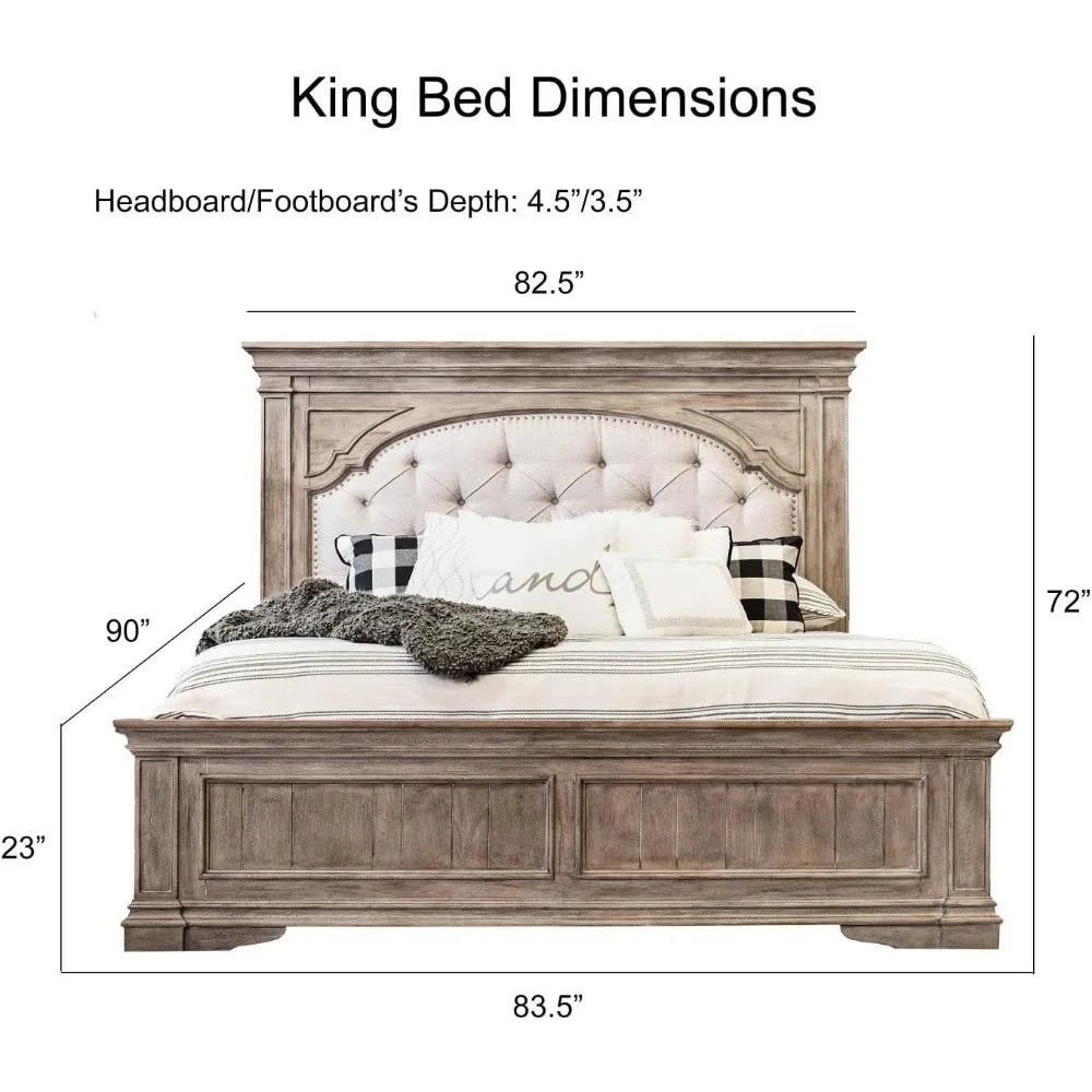 Highland Park King Panel Bed with Button Tufted Cream Fabric and Distressed Driftwood Finish