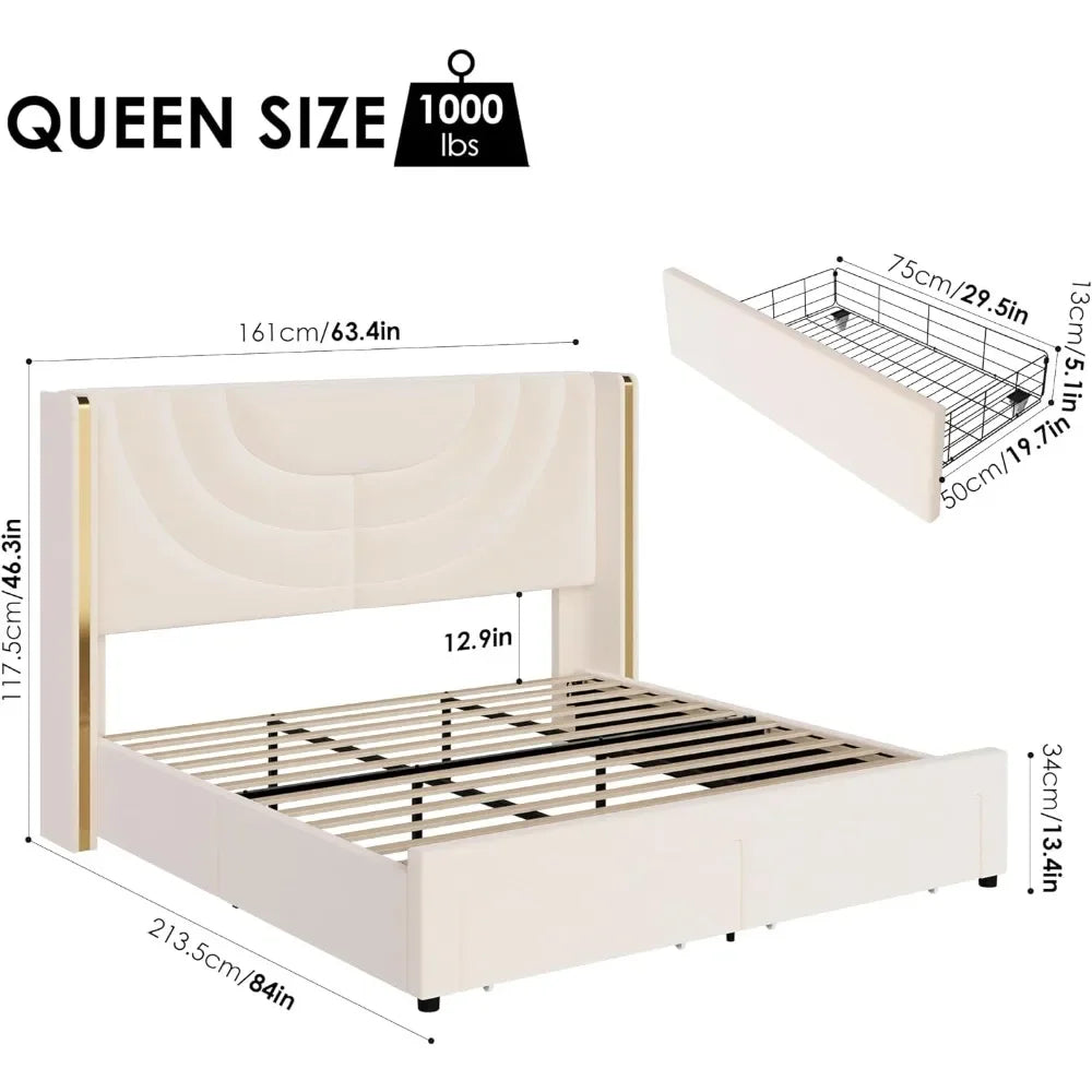 Bed with LED Headboard and Storage Drawers