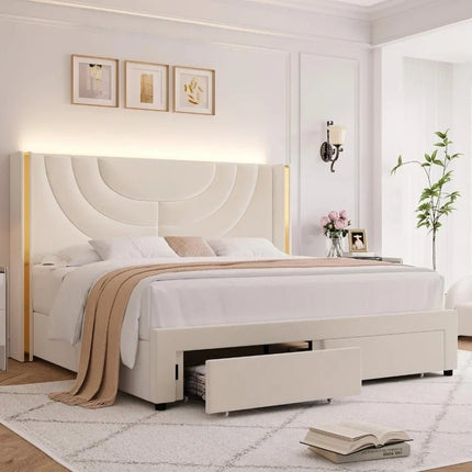 Bed with LED Headboard and Storage Drawers - Gleaming House