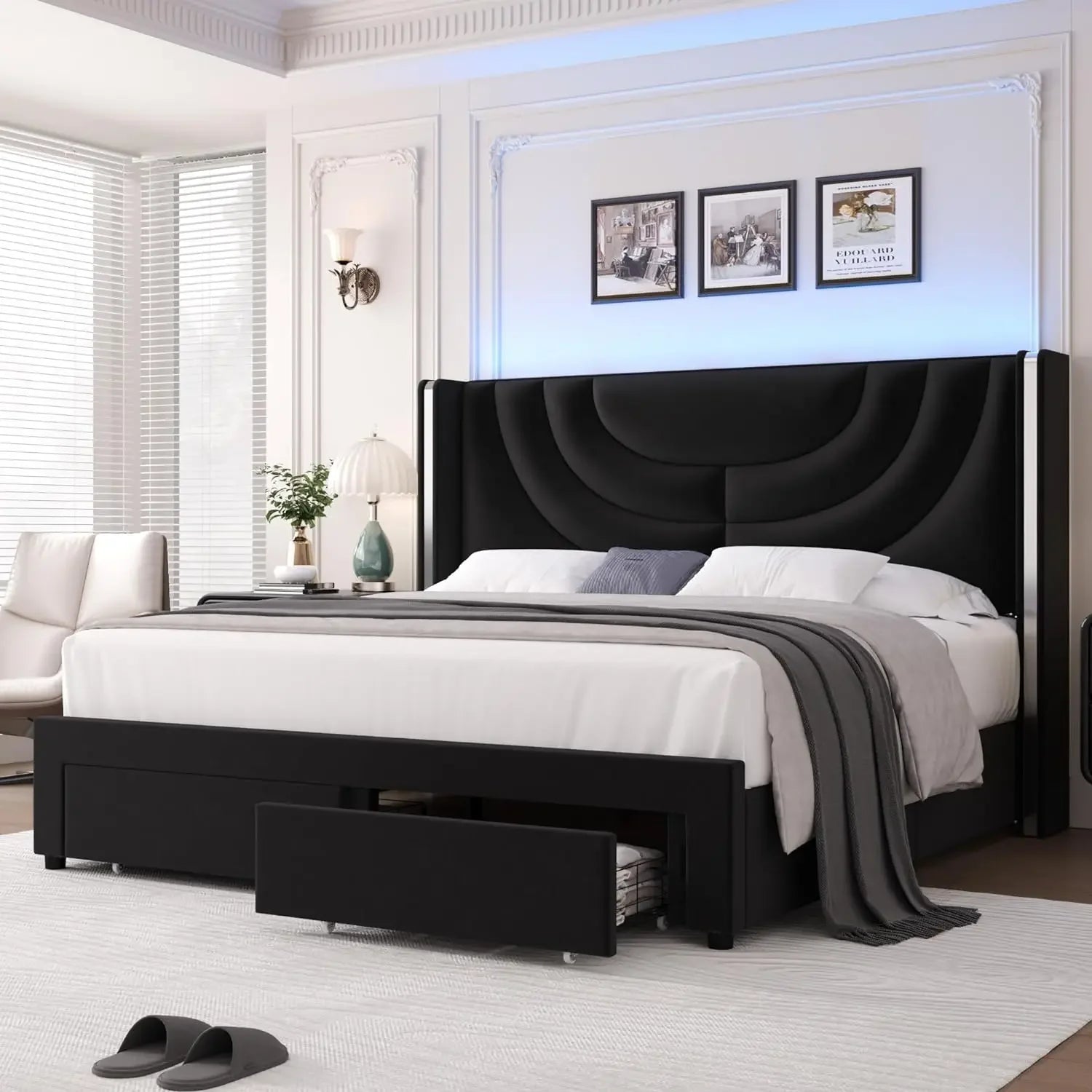 Bed with LED Headboard and Storage Drawers - Gleaming House