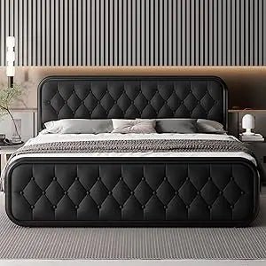 Classic Faux Leather Bed Frame with High - Density Foam Padding - Gleaming House