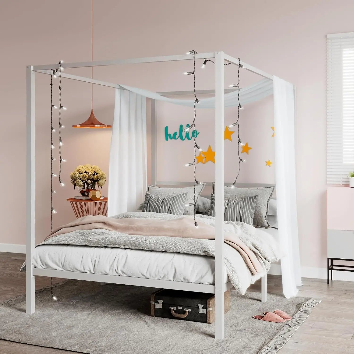 Customizable Metal Canopy Bed with Storage Space and Sturdy Construction - Modern Style - Gleaming House