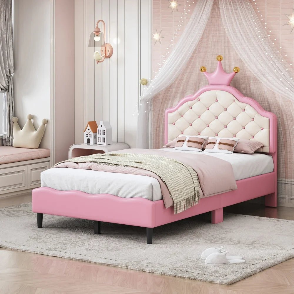 Dreamy Crown - Shaped Twin Bed with Velvet Upholstery - Pink - Gleaming House