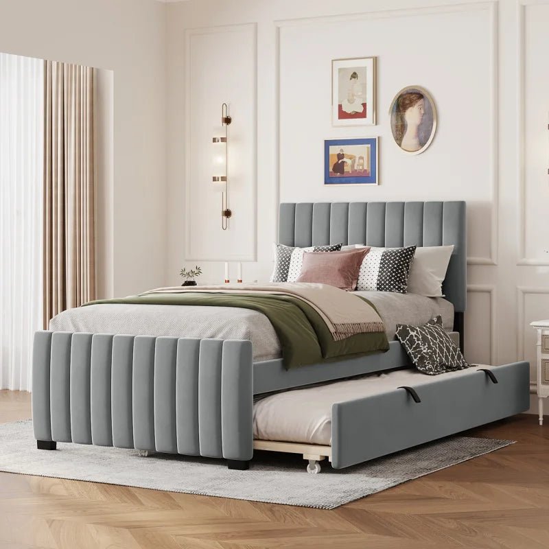 Elegant Velvet Upholstered Twin Bed with Trundle - Modern Minimalist Design - Gleaming House