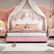 Full Size Crown - Shaped Upholstered Day Bed with Faux Leather Finish - Pink - Gleaming House