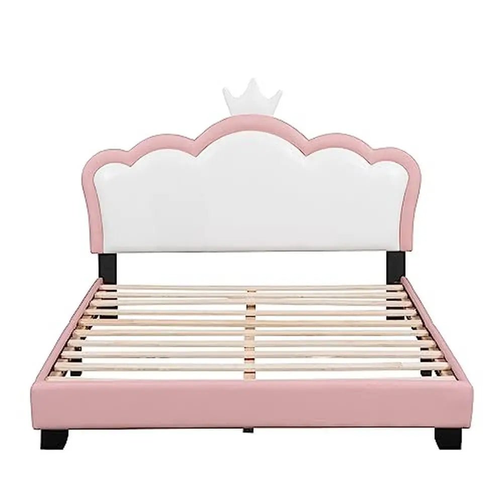 Full Size Crown - Shaped Upholstered Day Bed with Faux Leather Finish - Pink - Gleaming House