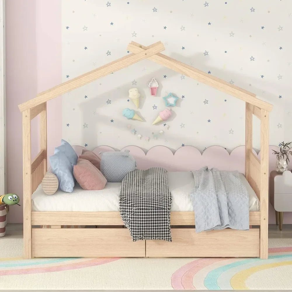 Full Size House Bed with Twin Trundleed for Girls & Boys (Full, Natural) - Gleaming House