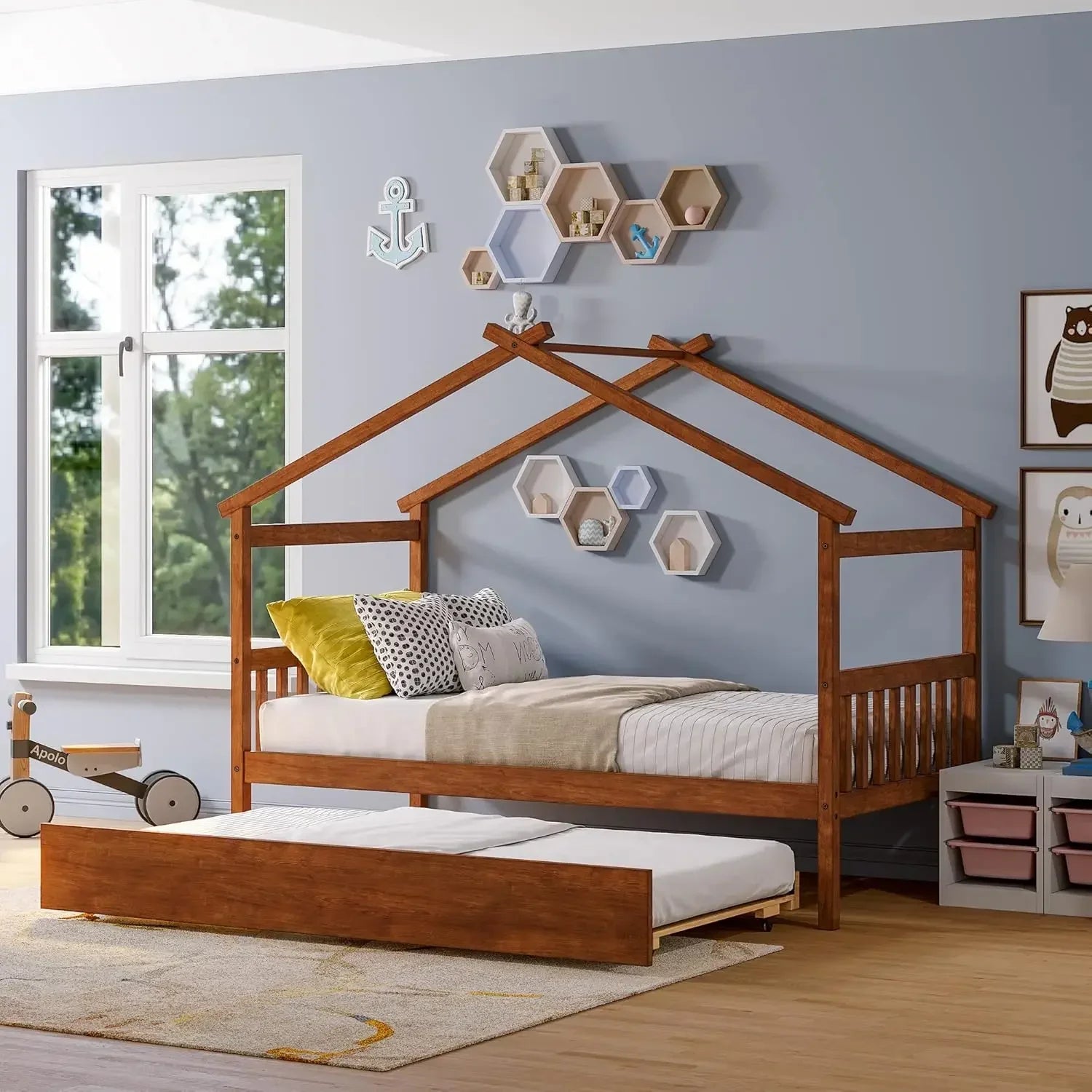 Full Size House Bed with Twin Trundleed for Girls & Boys (Full, Natural) - Gleaming House