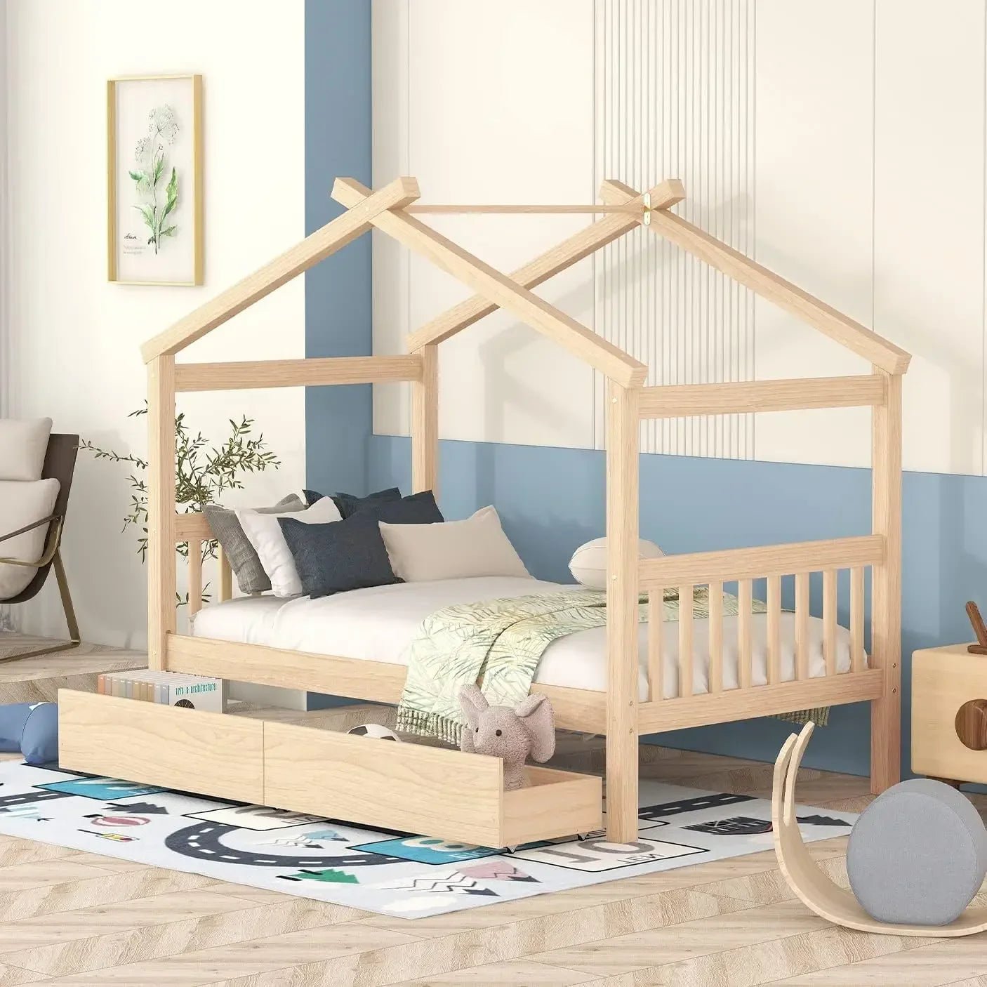 Full Size House Bed with Twin Trundleed for Girls & Boys (Full, Natural) - Gleaming House