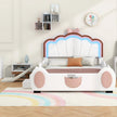 Full Size Seashell - Shaped Upholstered Bed Frame with LED Lights and Children's Slide - Pink & White - Gleaming House