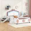 Full Size Seashell - Shaped Upholstered Bed Frame with LED Lights and Children's Slide - Pink & White - Gleaming House