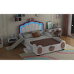 Full Size Seashell - Shaped Upholstered Bed Frame with LED Lights and Children's Slide - Pink & White - Gleaming House