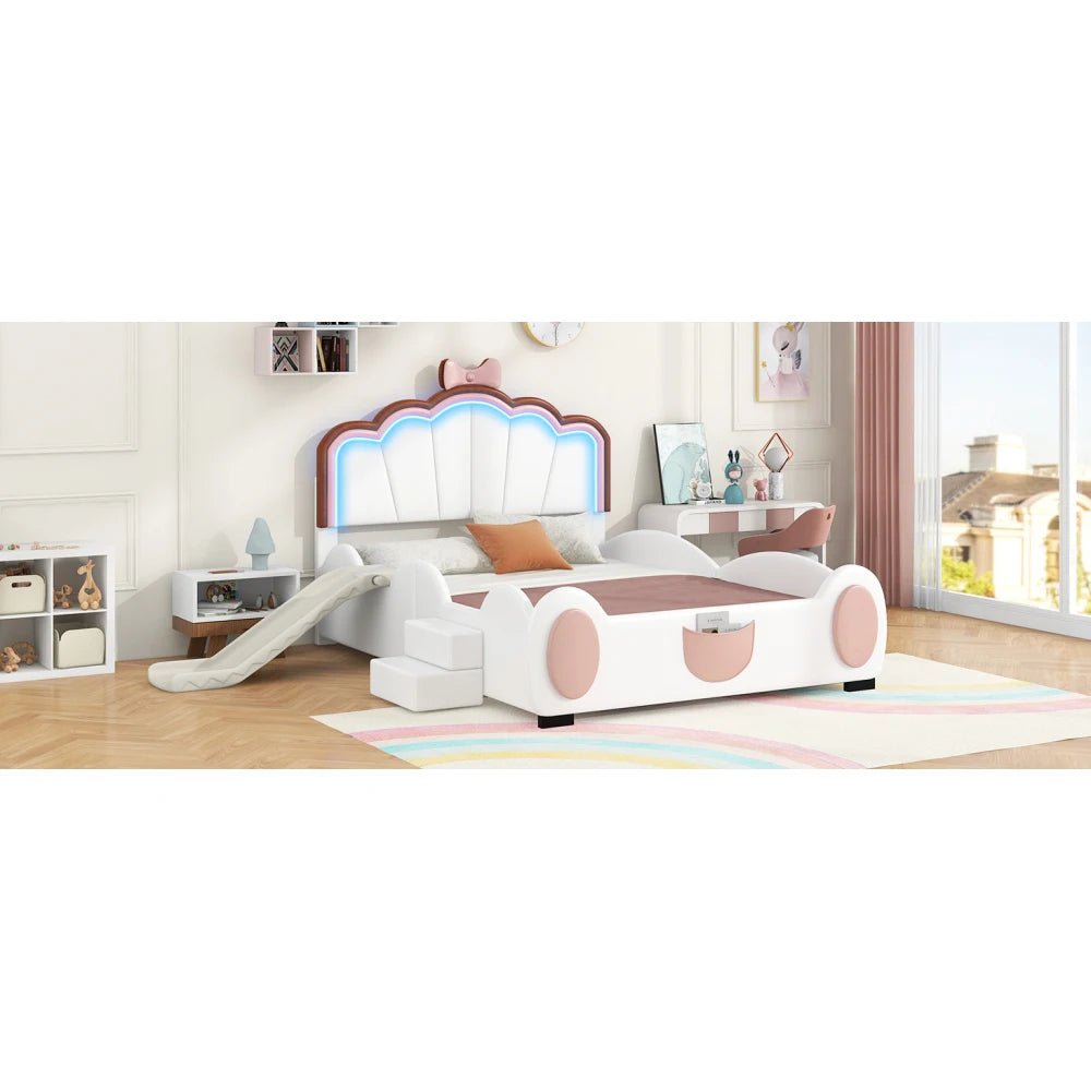 Full Size Seashell - Shaped Upholstered Bed Frame with LED Lights and Children's Slide - Pink & White - Gleaming House