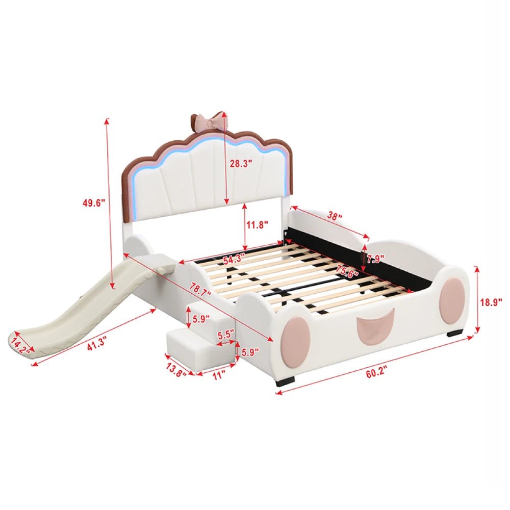 Full Size Seashell - Shaped Upholstered Bed Frame with LED Lights and Children's Slide - Pink & White - Gleaming House