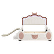 Full Size Seashell - Shaped Upholstered Bed Frame with LED Lights and Children's Slide - Pink & White - Gleaming House