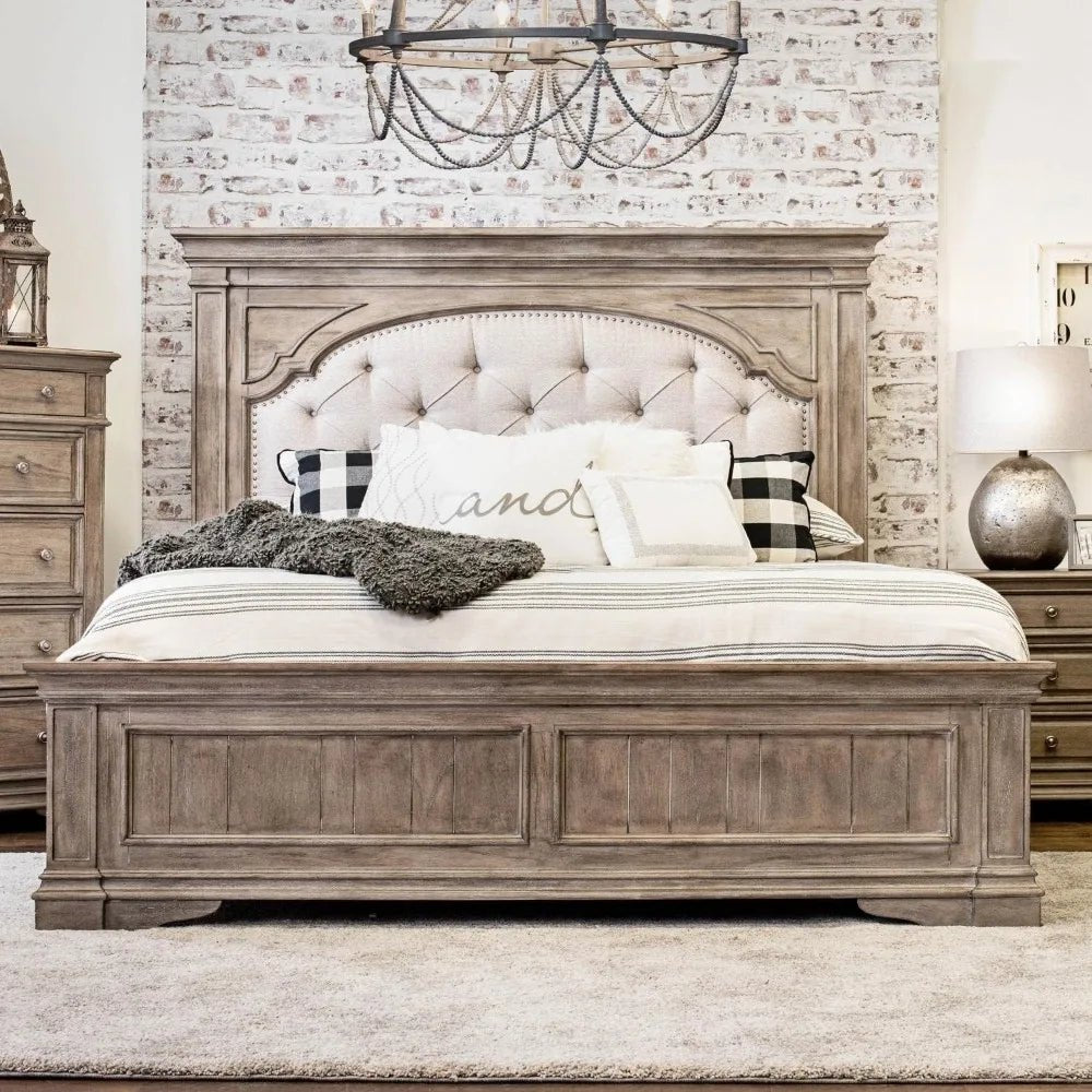 Highland Park King Panel Bed with Button Tufted Cream Fabric and Distressed Driftwood Finish - Gleaming House