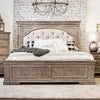 Highland Park King Panel Bed with Button Tufted Cream Fabric and Distressed Driftwood Finish - Gleaming House