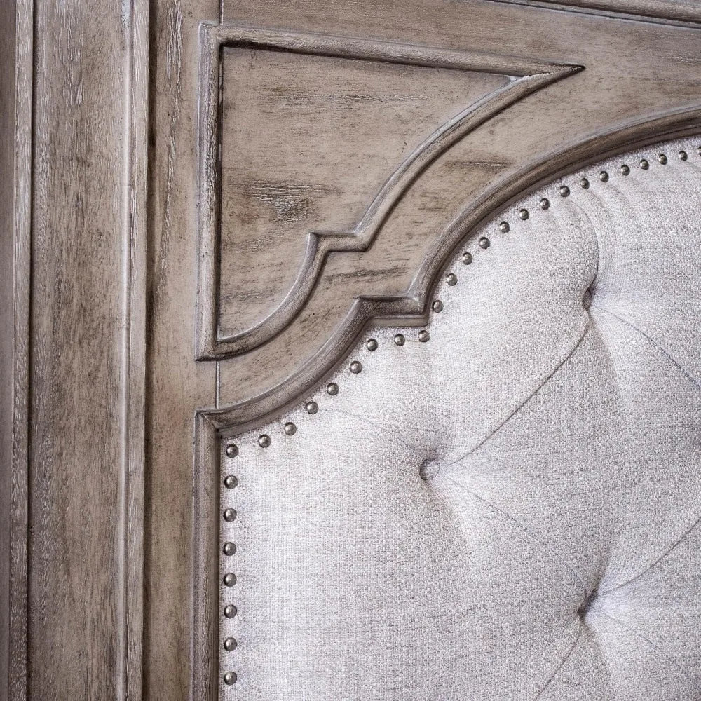 Highland Park King Panel Bed with Button Tufted Cream Fabric and Distressed Driftwood Finish - Gleaming House